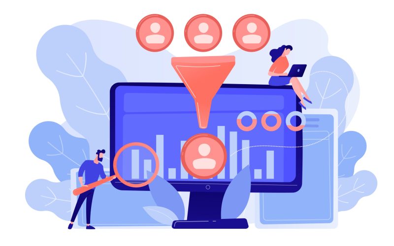 Data scientist and specialist extract knowledge and insights from data. Data science analytics, machine learning control, big data analytics concept. Pinkish coral bluevector isolated illustration