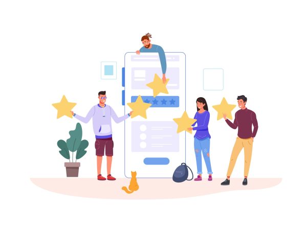 Customers giving five stars. Customer review, clients feedback, success experience, satisfaction survey, hand holding star, icon vector illustration. Evaluation and feedback review, quality survey